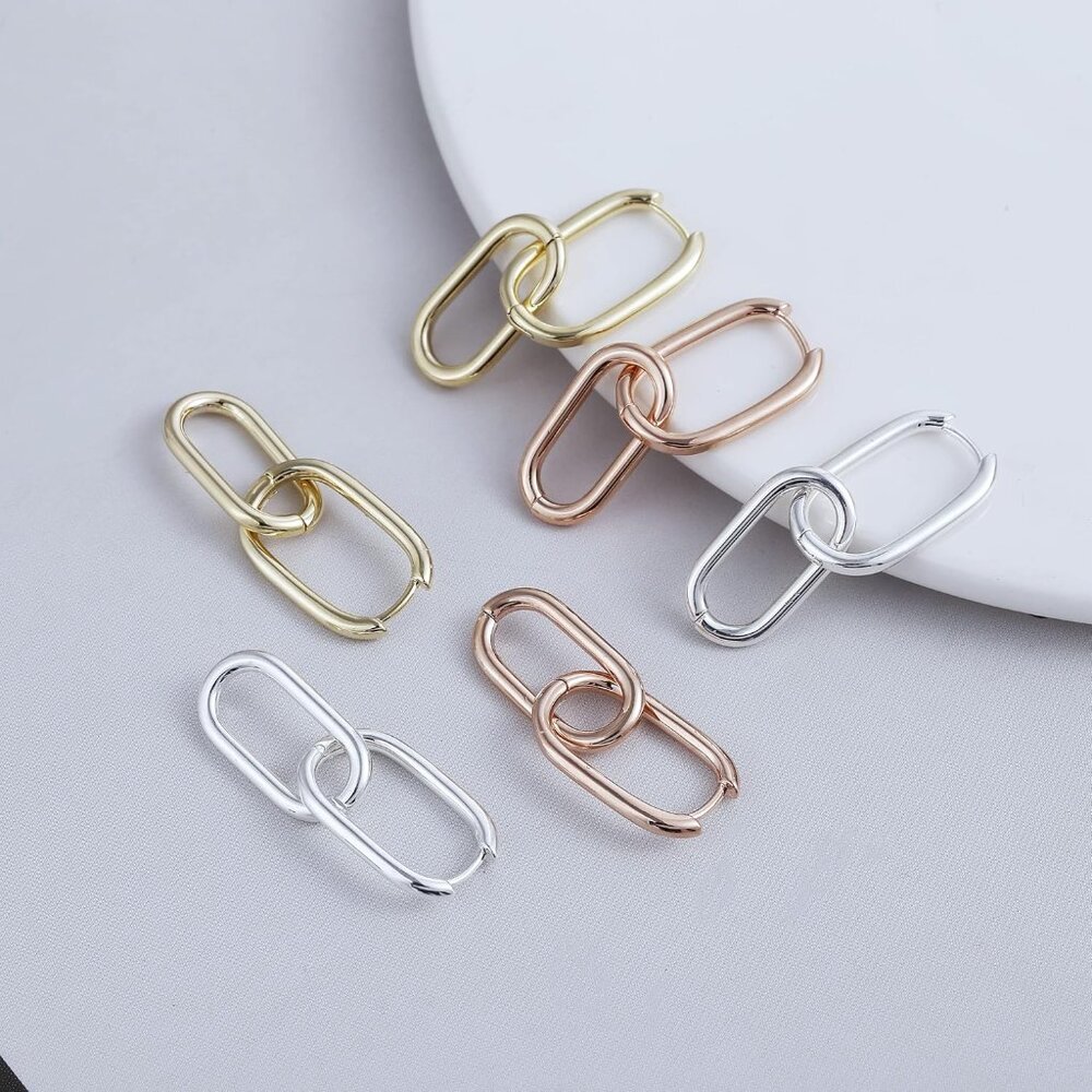 Dainty Paperclip Huggie Hoop Earrings 14K Gold Plated Chunky Chain Link Earrings - Picture 4 of 5